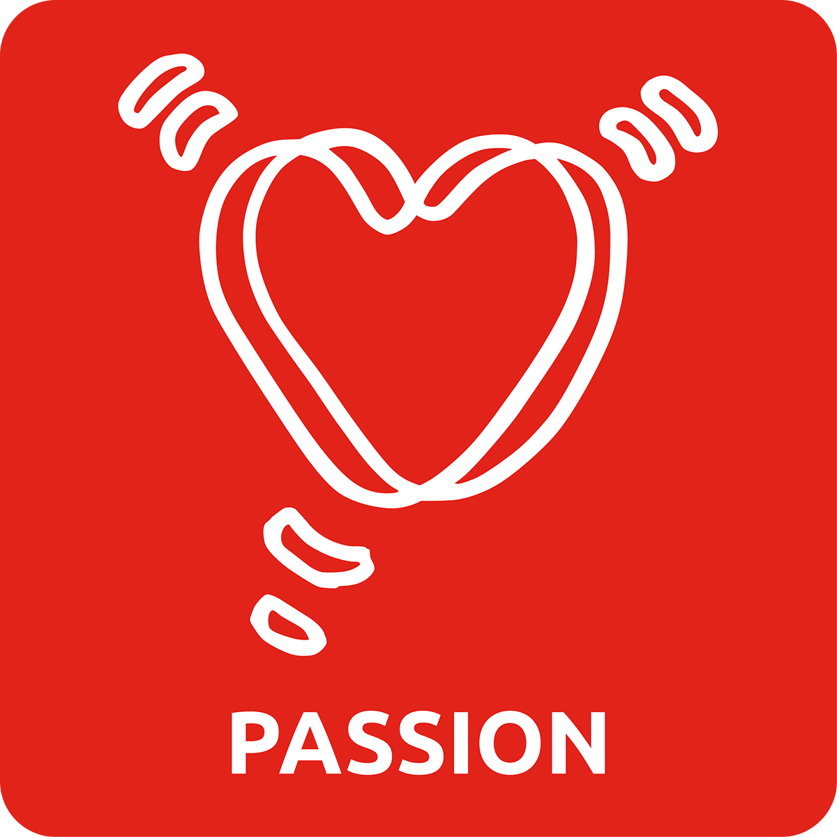 Red square with a white heart and the word "PASSION" below.
