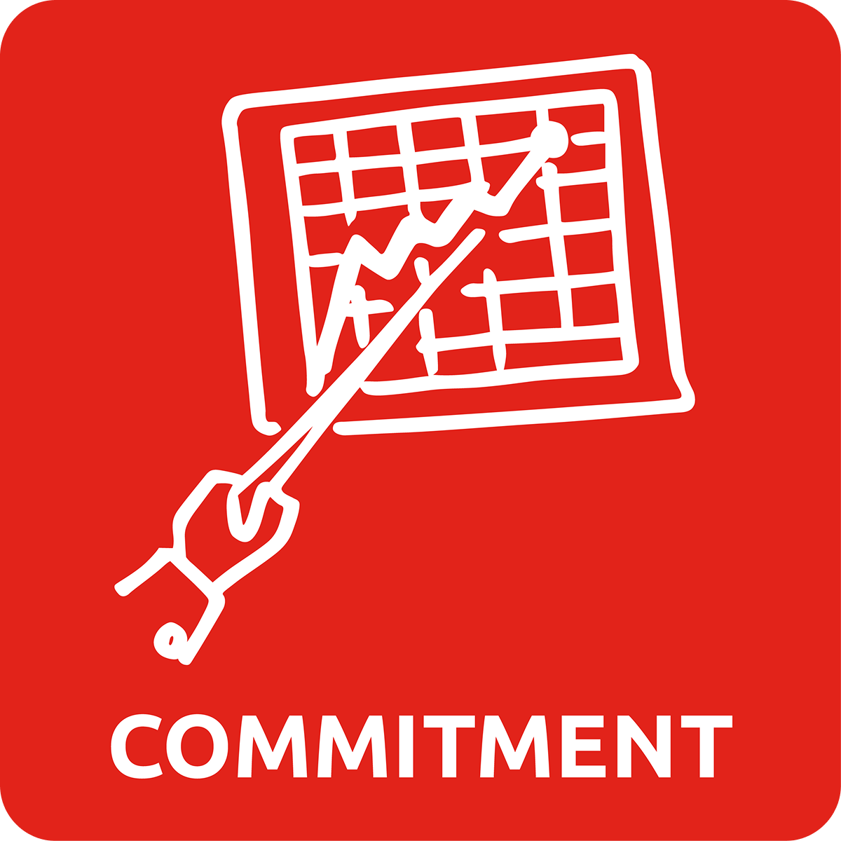 Hand pointing at a graph on a red background with the word "COMMITMENT" below.
