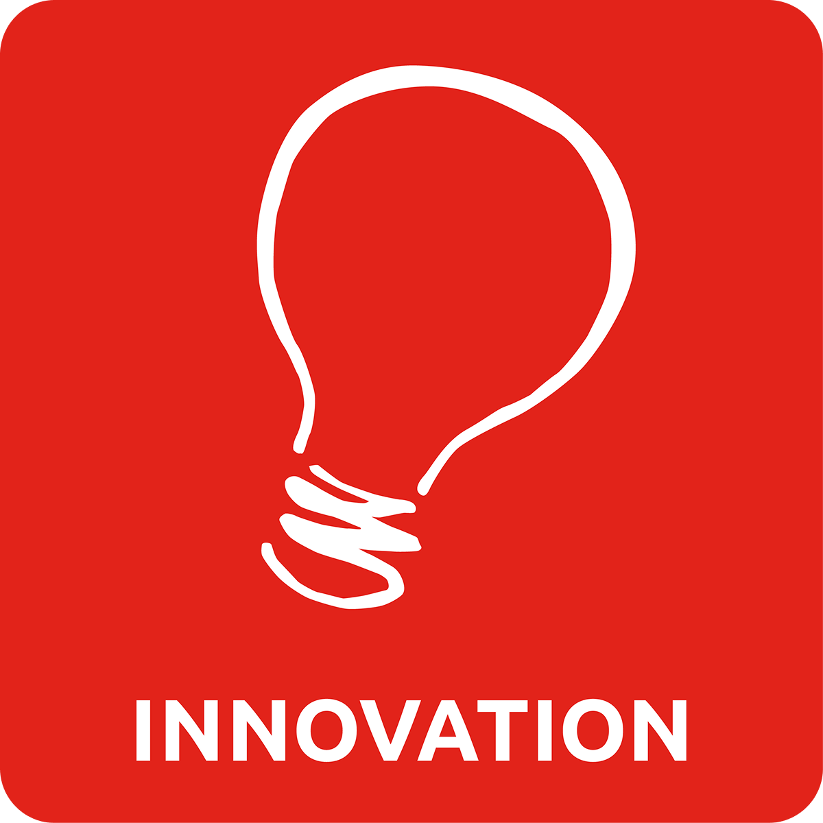 Red square with a white lightbulb and the word "INNOVATION".