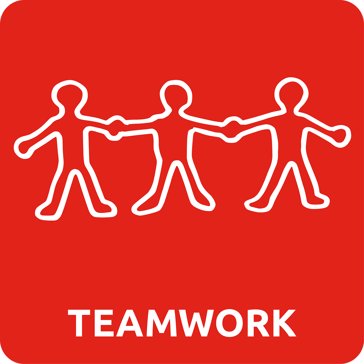 Three stick figures holding hands, red background, "TEAMWORK" text.