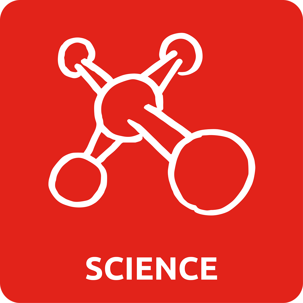White molecular structure on red background with "SCIENCE" text.
