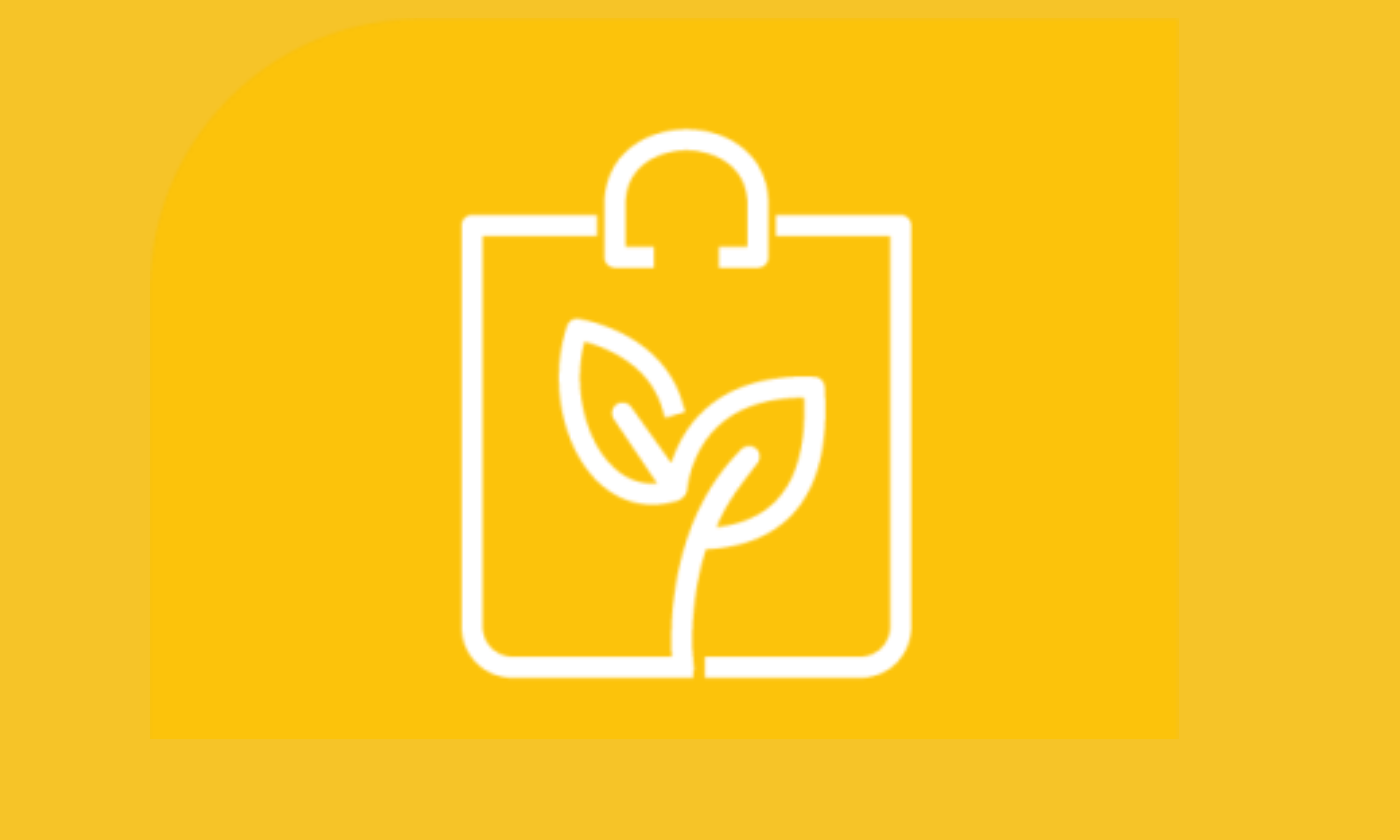 White shopping bag with leaves on yellow background.