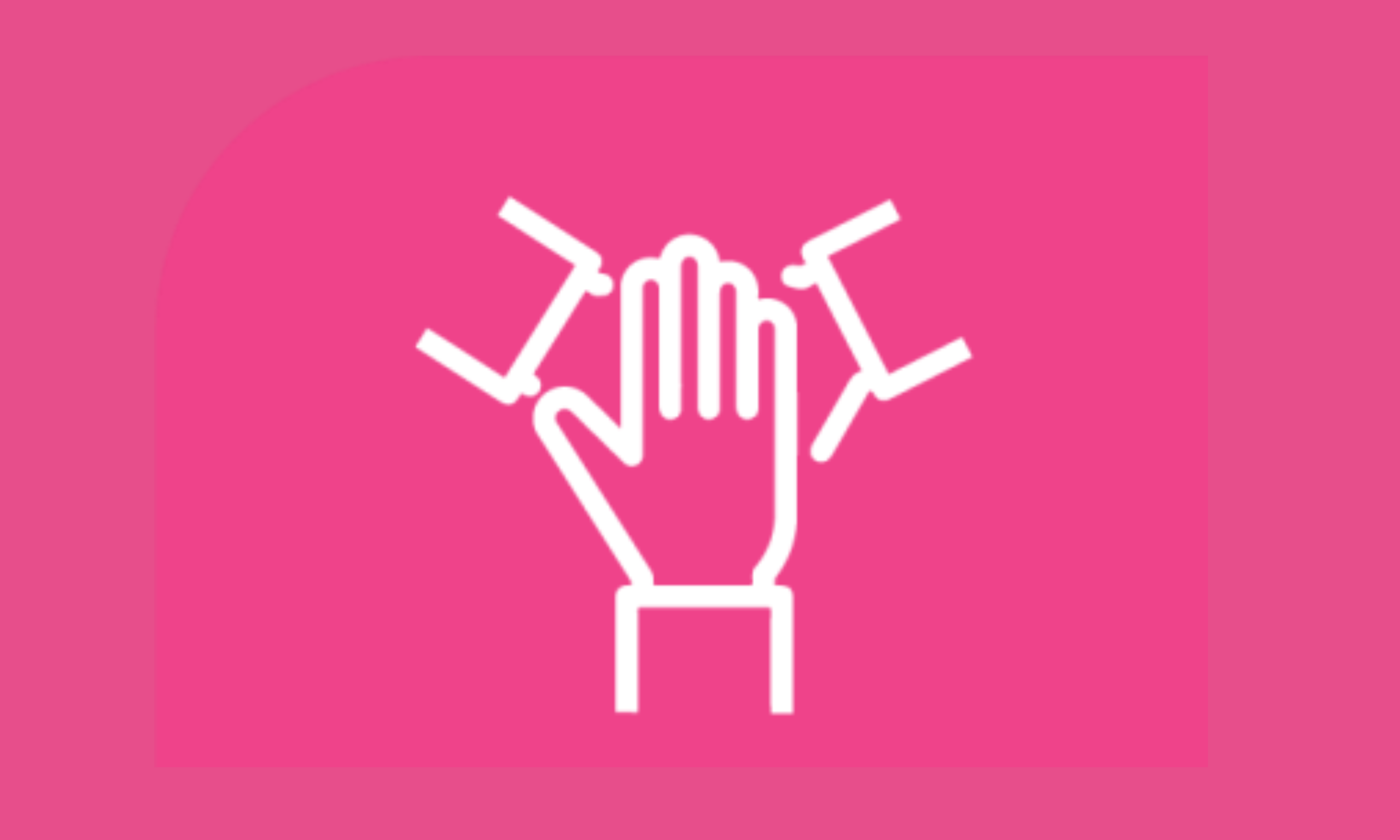 Hand with arms reaching towards it on pink background.