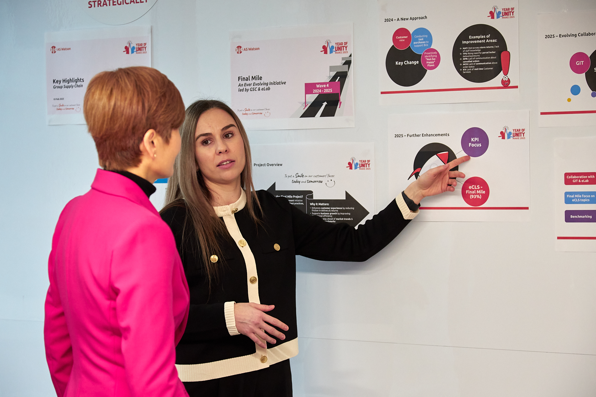 Two women looking at a presentation about supply chain, KPI focus, and final mile.
