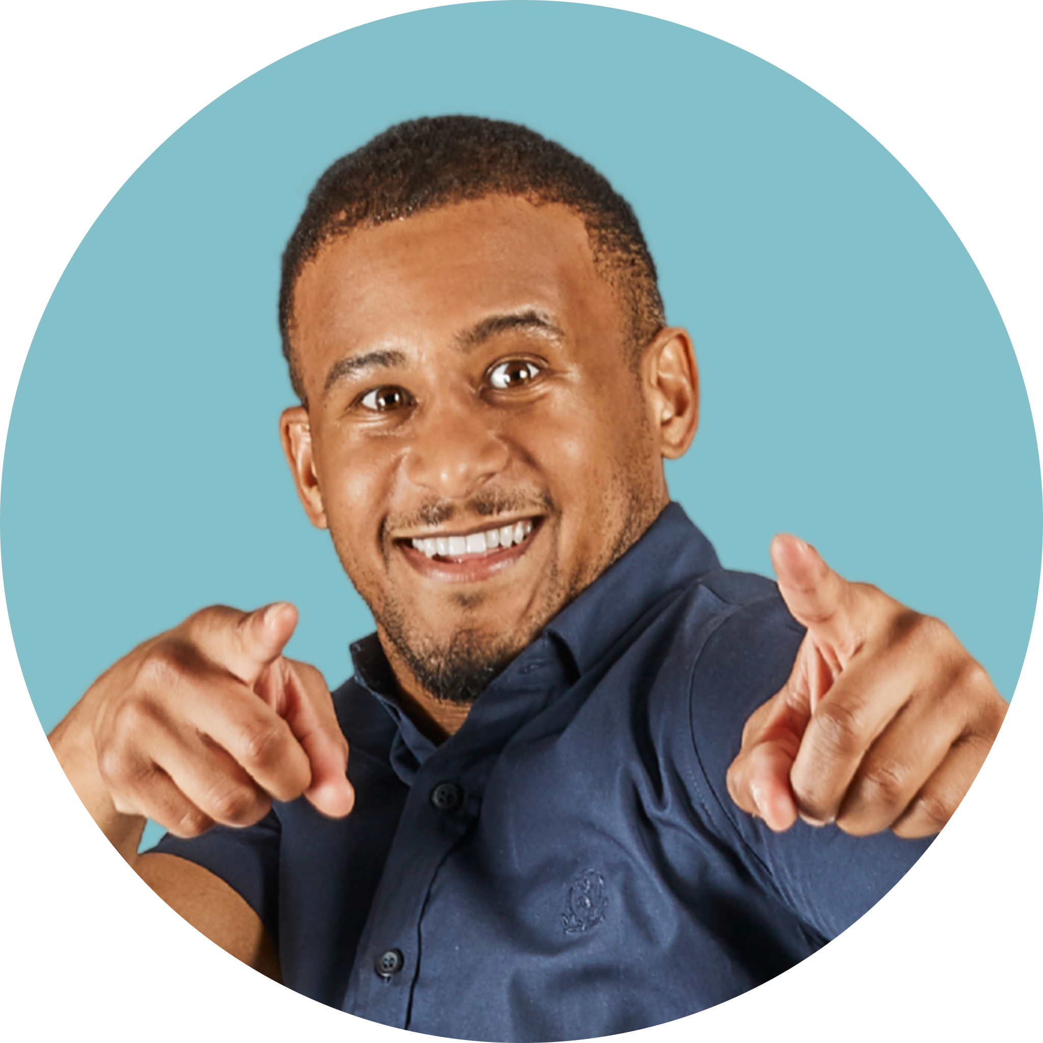 Man pointing with a smile, blue background.