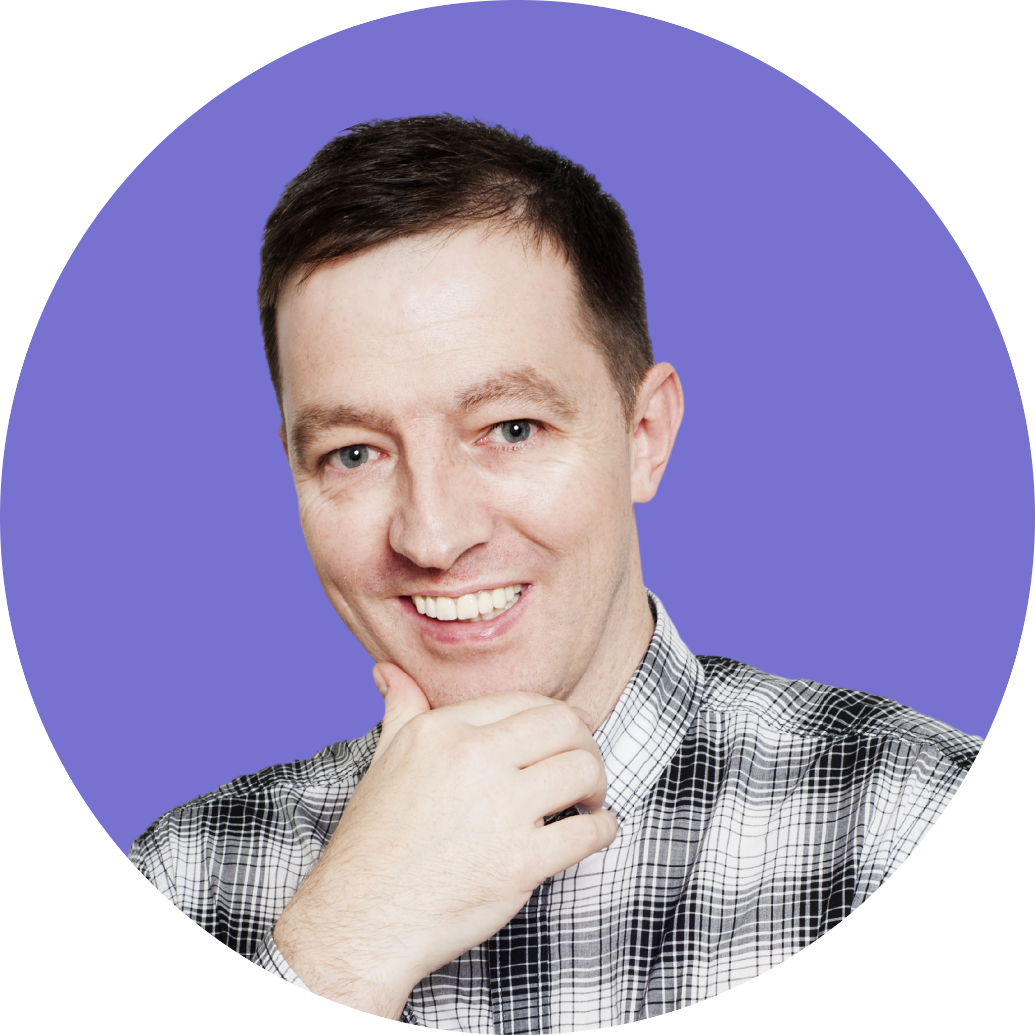 Man with hand on chin, smiling, purple background.