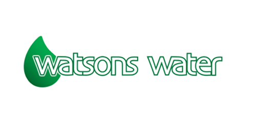 Green water droplet logo with "Watsons water" text.