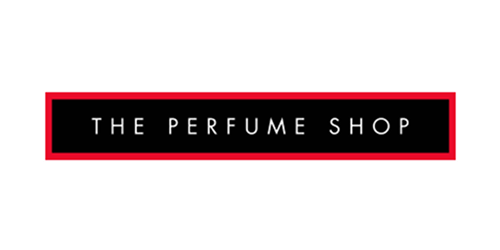 Logo with "THE PERFUME SHOP" in white text on a black rectangle with a red border.