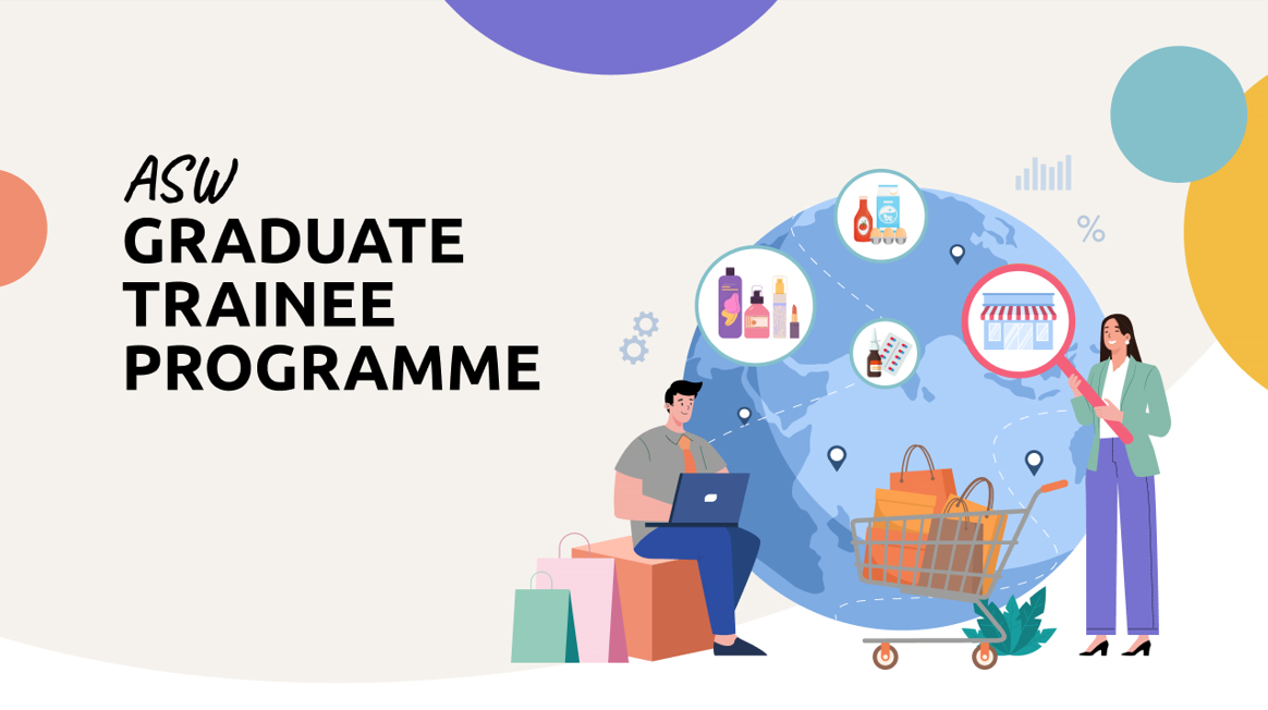 Illustration of ASW Graduate Trainee Programme with shopping cart and globe.