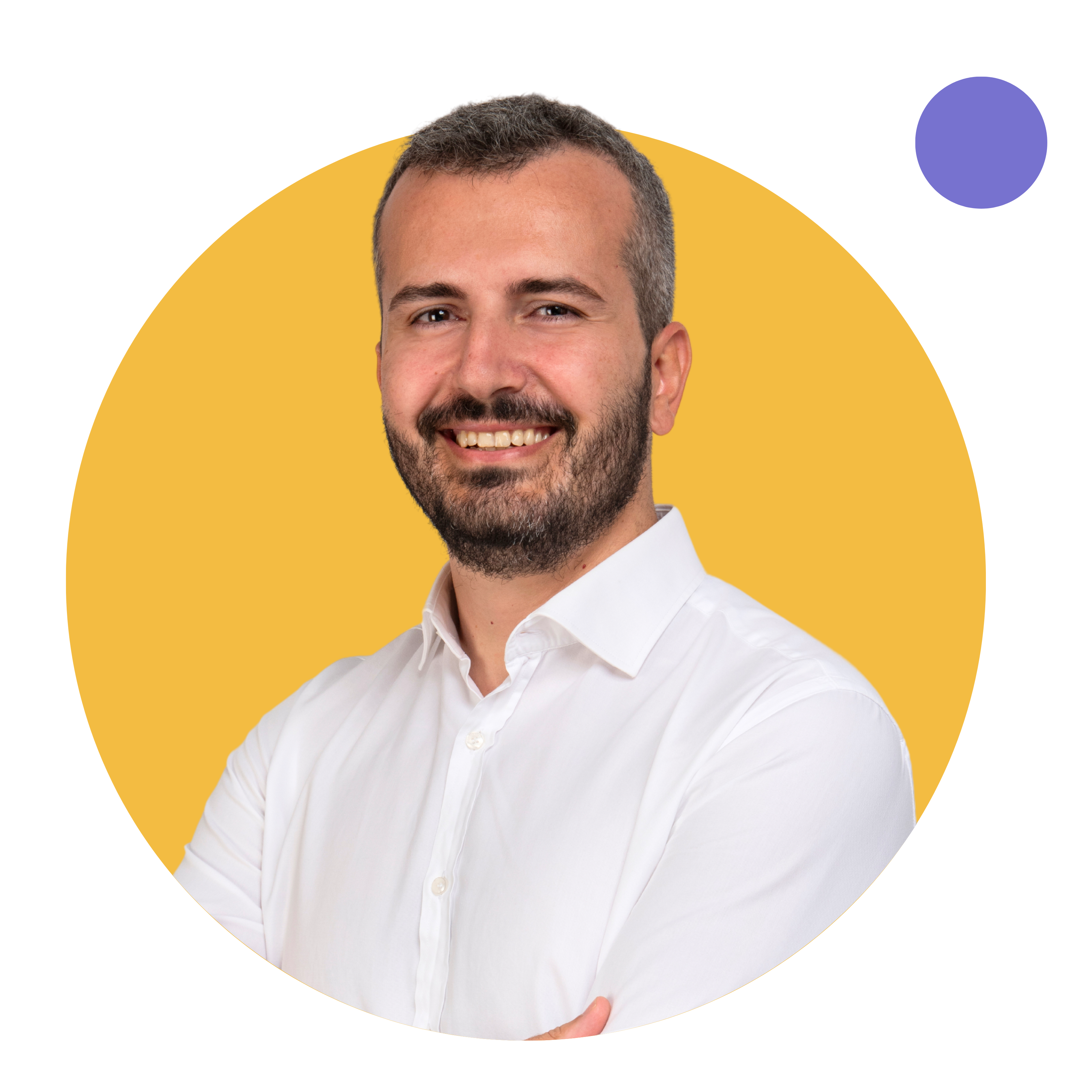 A smiling man in a white shirt with a yellow background.