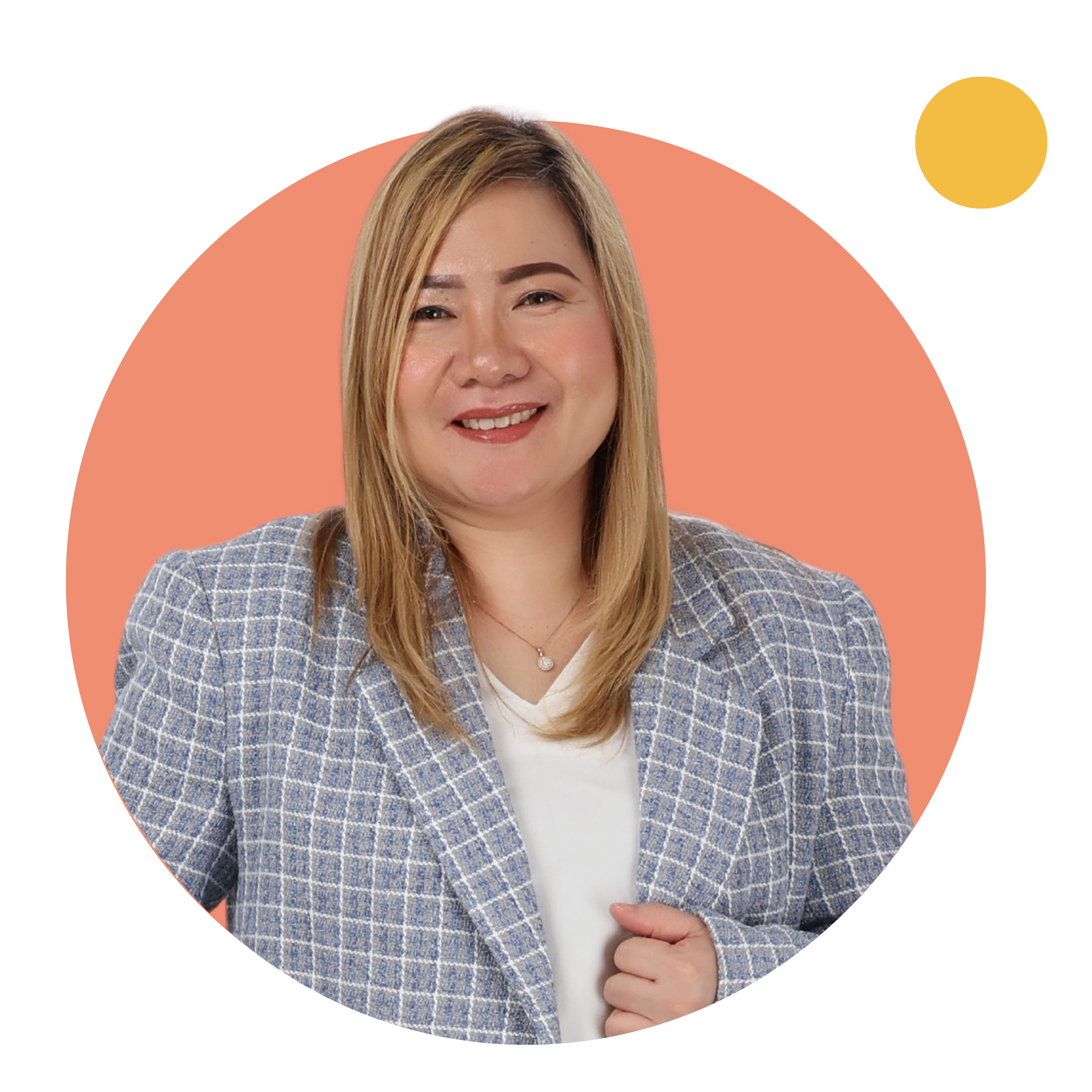 Portrait of a woman smiling wearing a blazer, inside an orange circle.