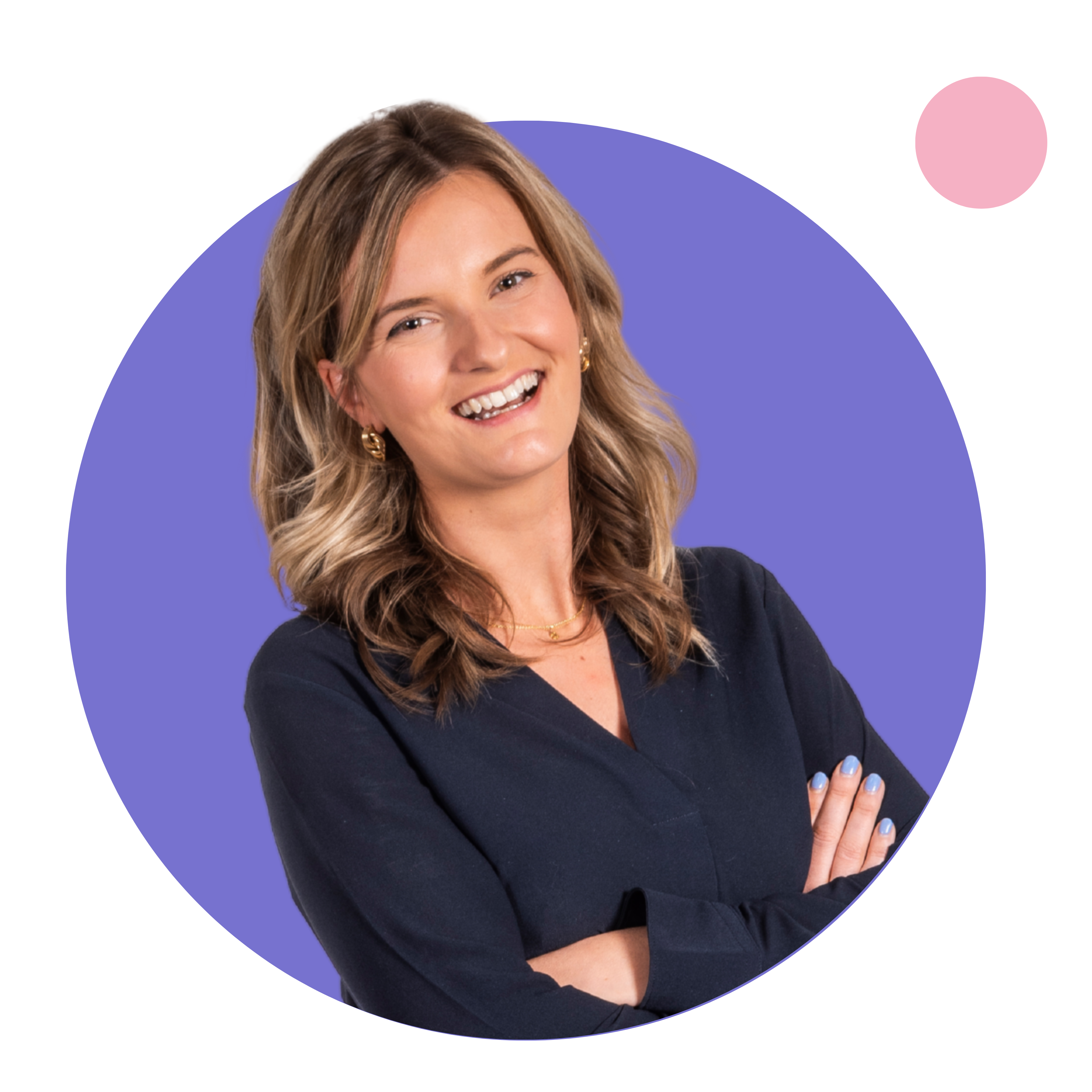 Smiling woman with arms crossed, purple background.