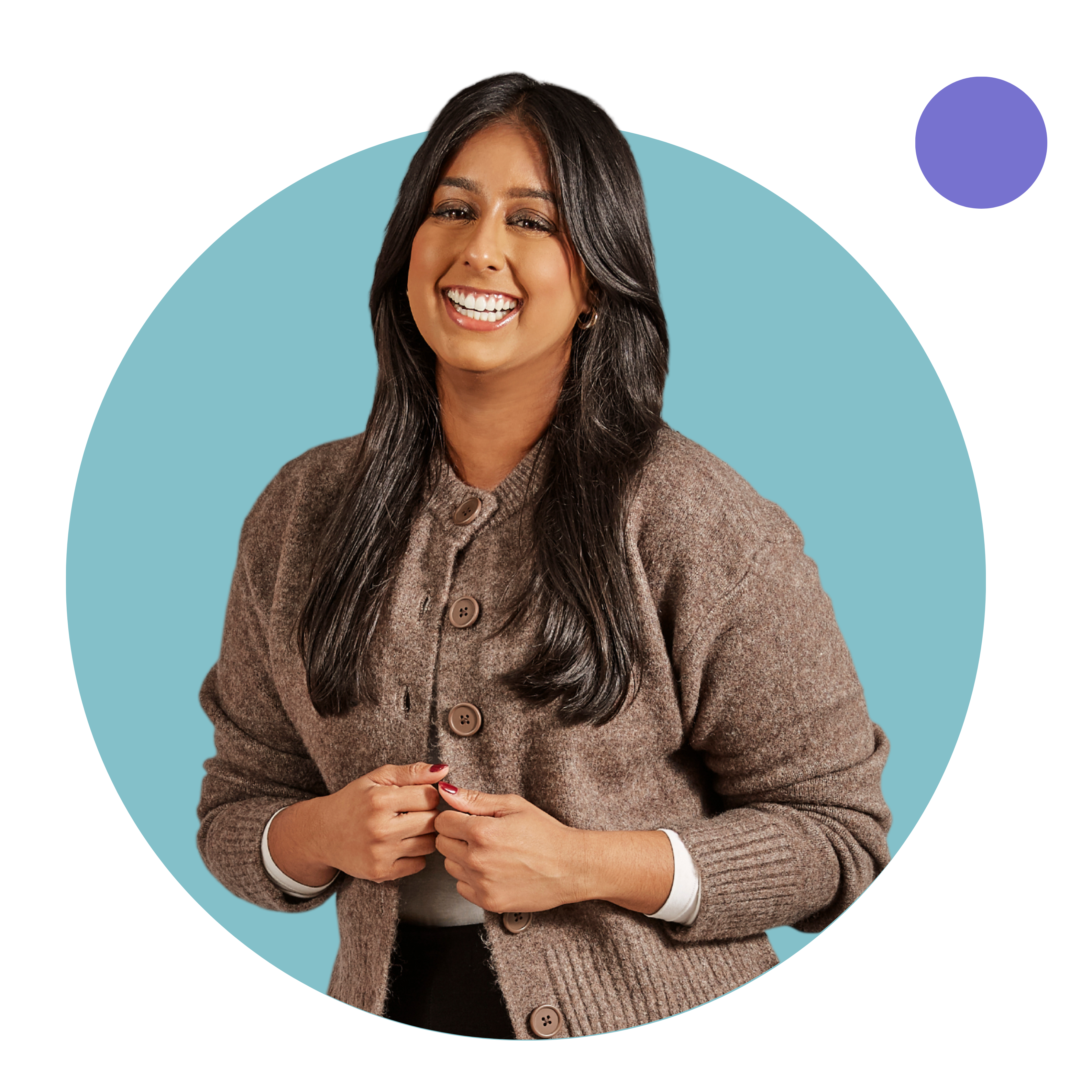 Woman with long dark hair, smiles at the viewer. She is wearing a button-up sweater.