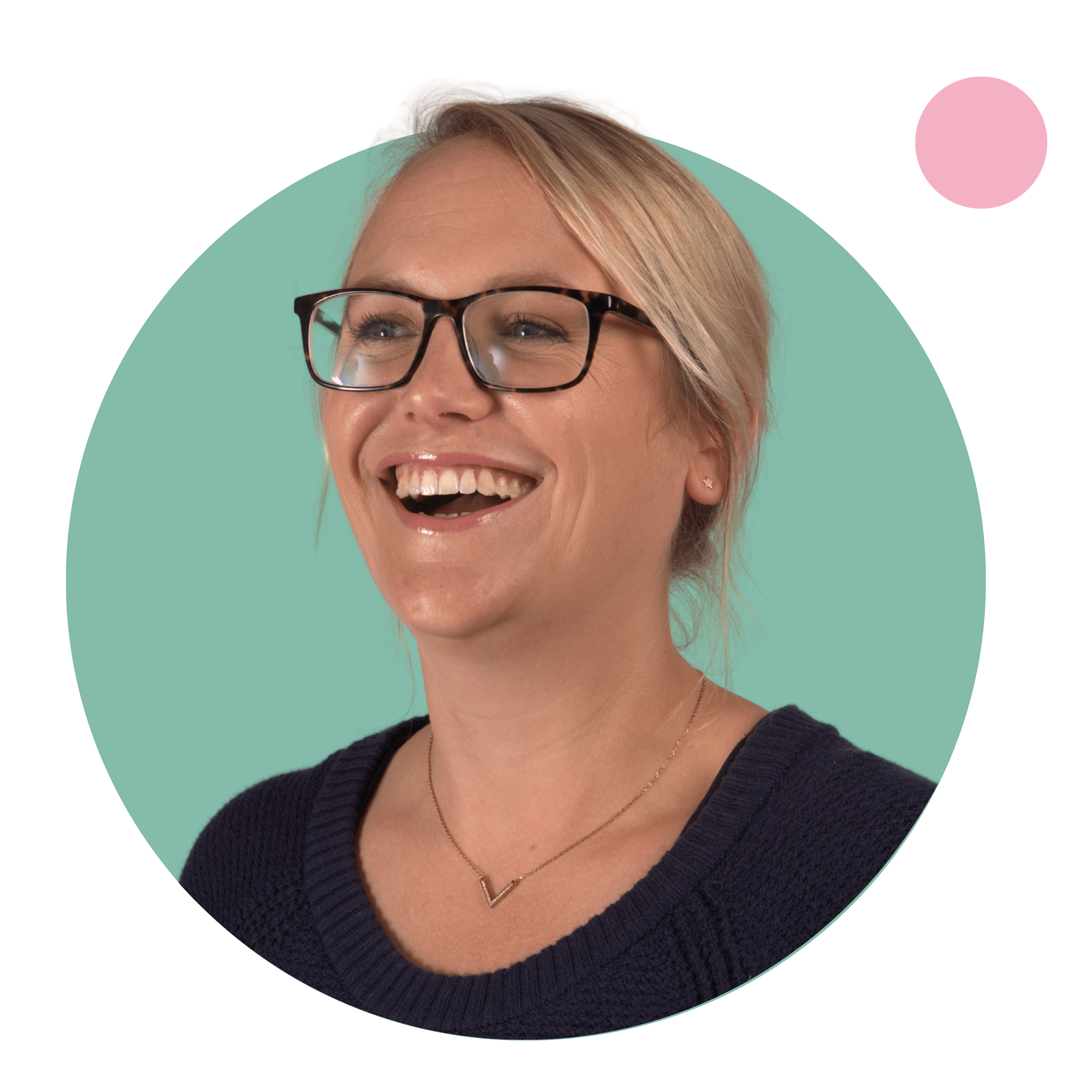 Woman with glasses smiling in a circle against a green background.