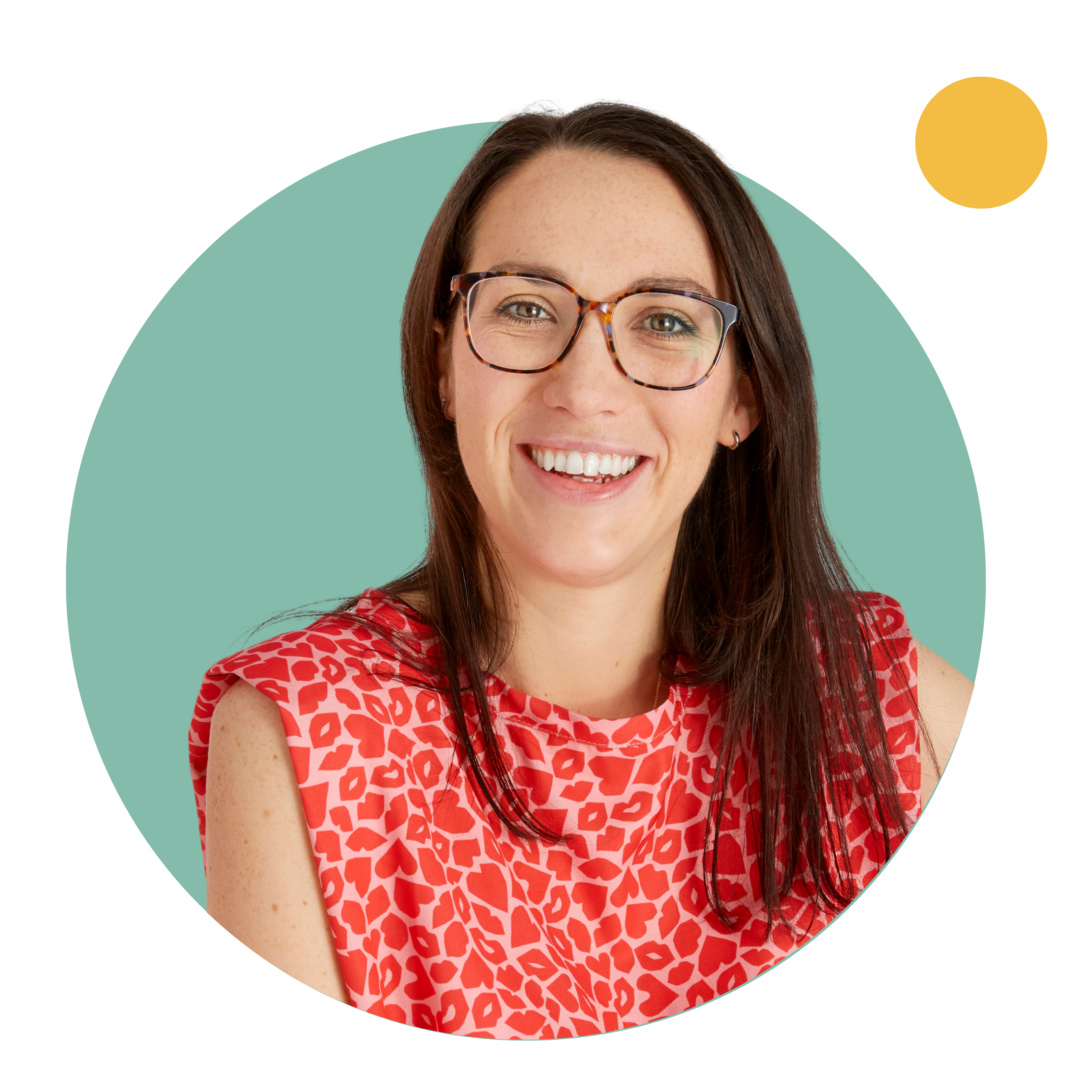 Woman with glasses smiling wearing a red top.