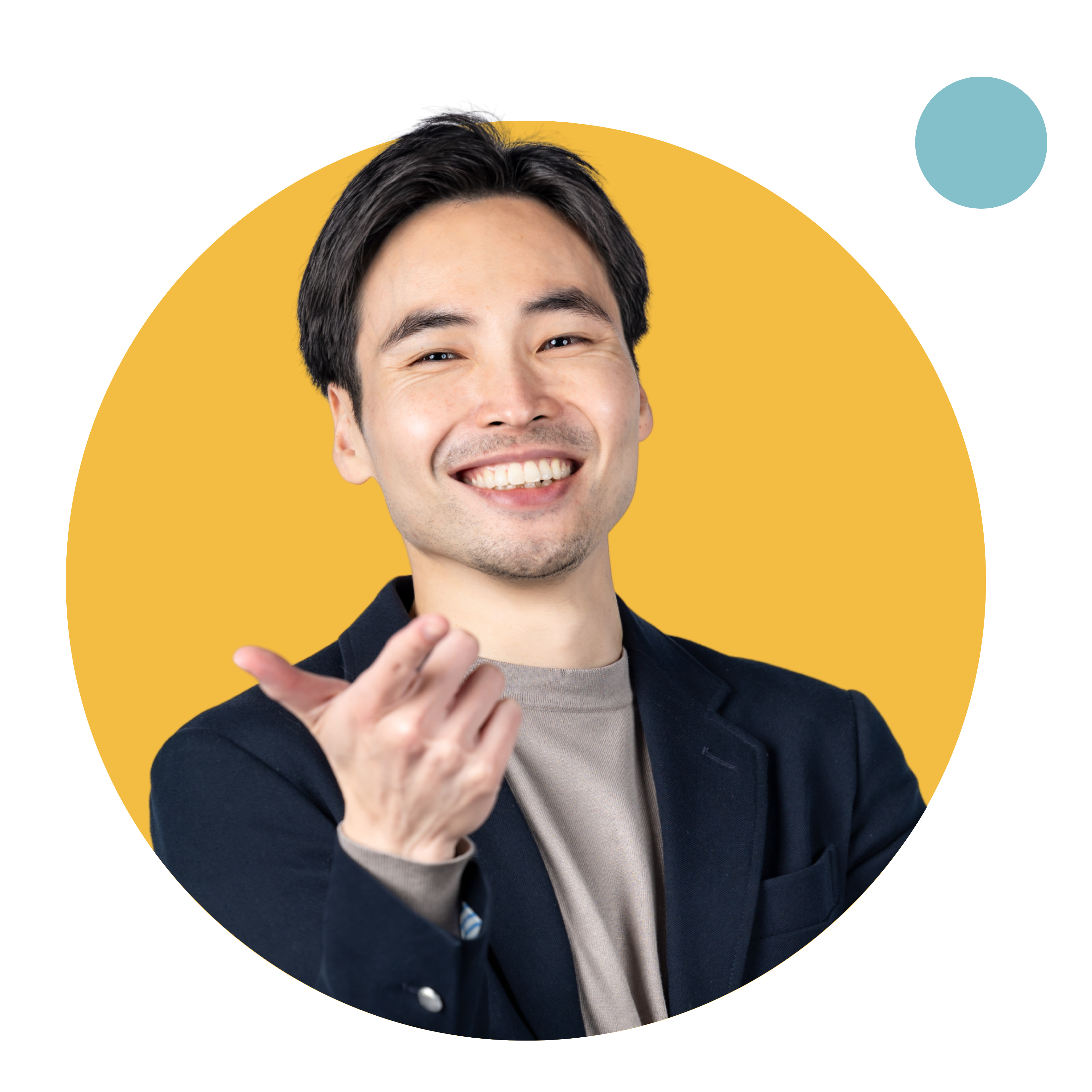 Man in navy blazer pointing with a hand, circular frame.